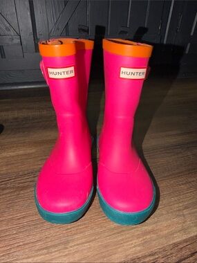 Hunter Boots Girls Hot Pink, Orange and Green Rain Boots Sz 10B/11G Barbiecore